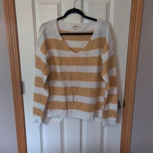 White and Mustard V-Neck Sweater Striped